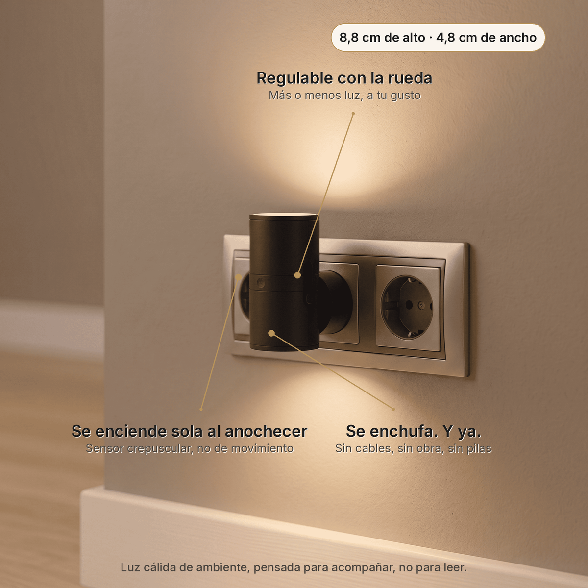 BoreaLight: se enciende sola al anochecer con sensor crepuscular, regulable con rueda y se enchufa sin cables ni obra. 8,8 x 4,8 cm