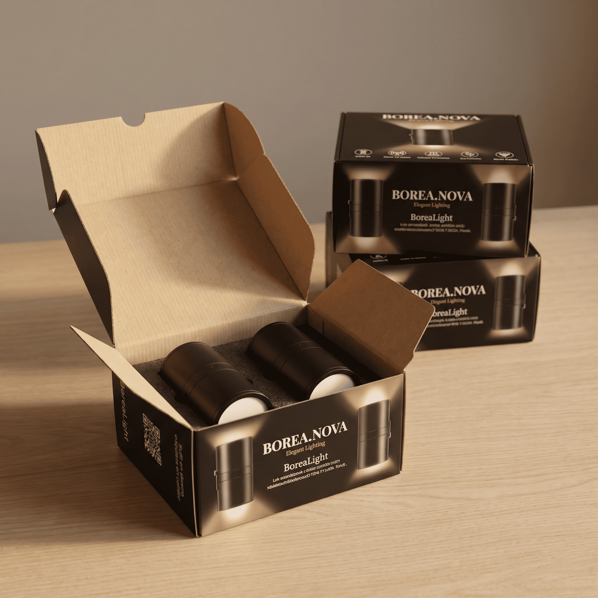 Caja de BoreaLight abierta con dos lámparas negras y cajas de los packs de 4 y 6