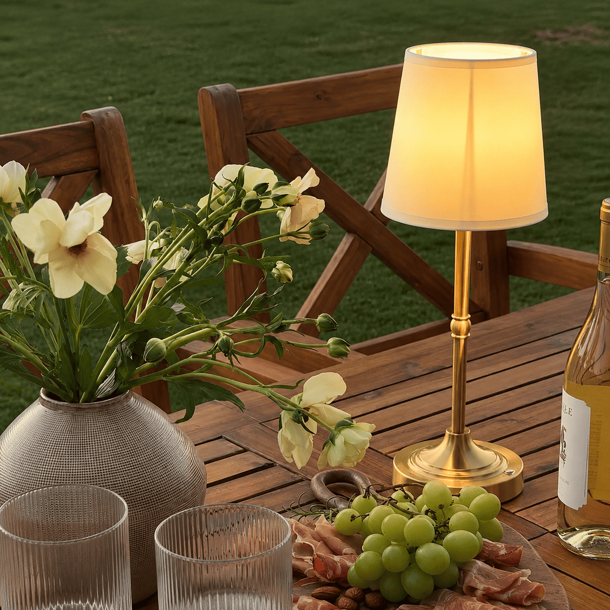 Lámpara Solara dorada sobre una mesa de terraza con flores, sin cables