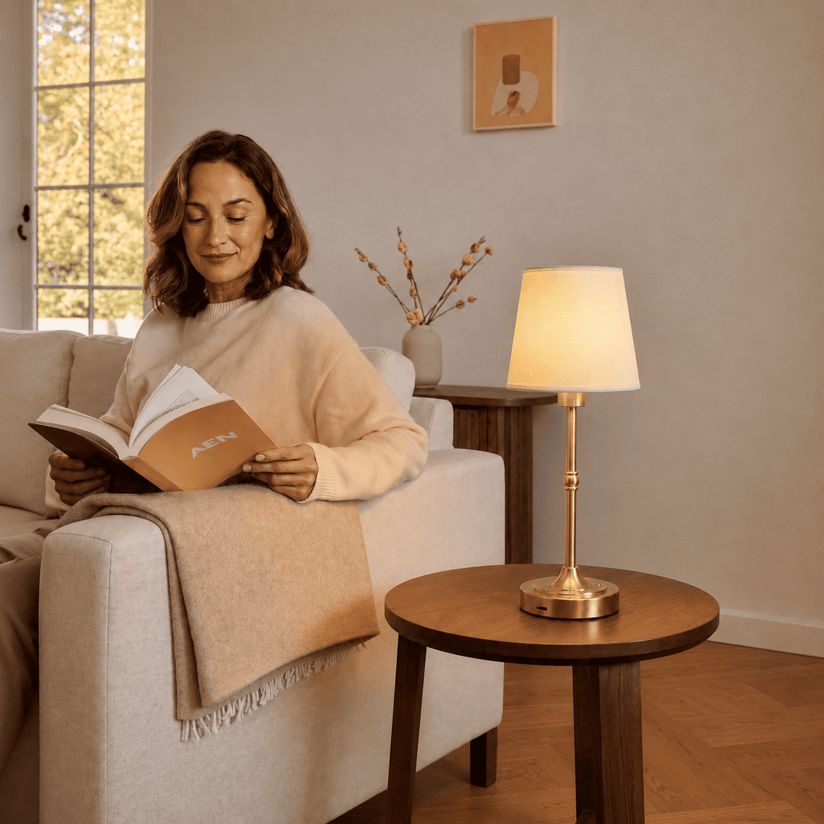 Mujer leyendo en un sillón junto a la lámpara Solara dorada encendida
