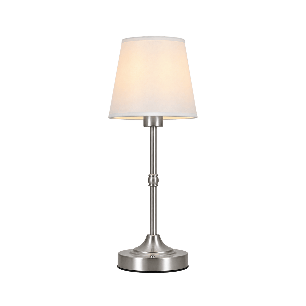 Lámpara de mesa sin cables Solara en acabado plata con pantalla blanca